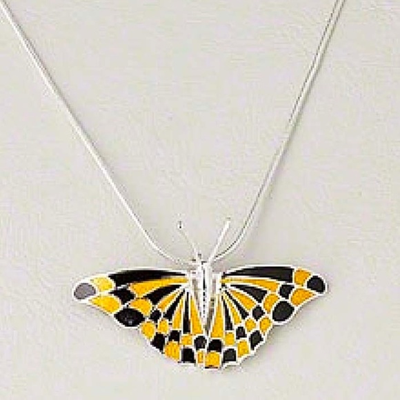 BUTTERFLY, SILVER PLATED BRASS & ENAMEL NECKLACE, ORANGE & BLACK, 43x25mm PENDAN - Picture 1 of 1